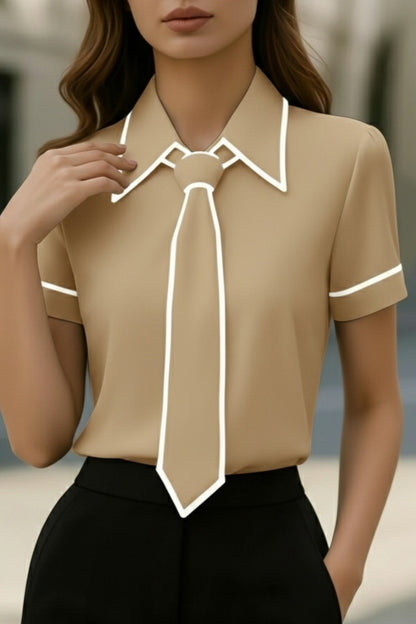 Cardydony Women's  Stylish Color-blocked Trim Collared Short-sleeved Casual Shirt