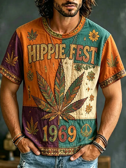 Cardydony Men's Retro Hippie Ethnic Floral Music Festival Design Short-sleeve Shirt