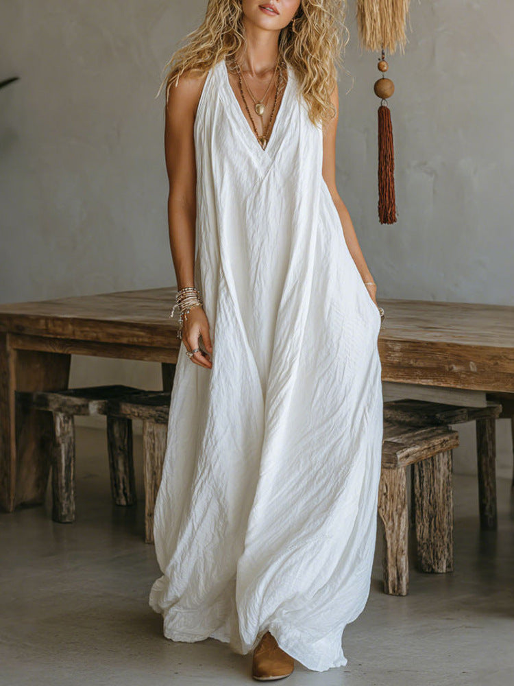 Cardydony Loose Solid Color Lapel Casual Short-sleeved Cotton Linen Dress