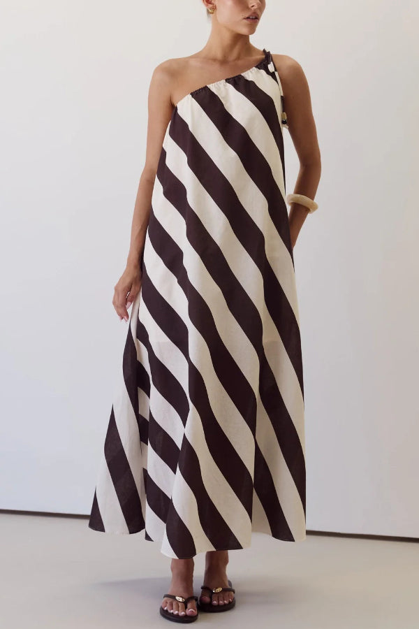 Cardydony Women's Fashionable Striped Print Loose One-shoulder Tie Vacation Maxi Dress