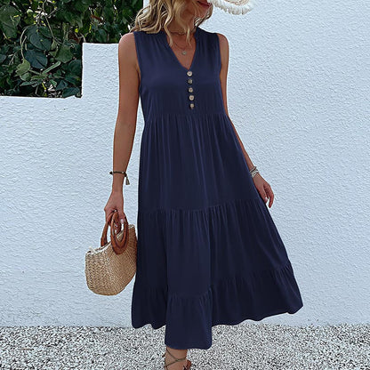 Cardydony Women's Sleeveless Tiered Midi Dress with Button Detail - Summer Must-Have