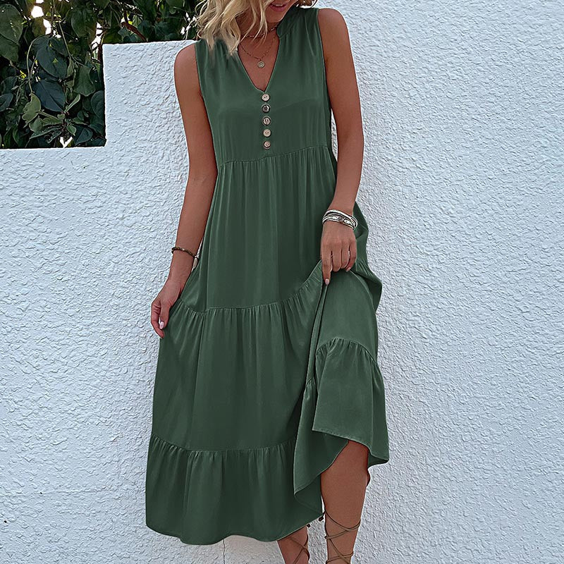 Cardydony Women's Sleeveless Tiered Midi Dress with Button Detail - Summer Must-Have