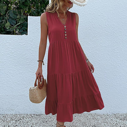 Cardydony Women's Sleeveless Tiered Midi Dress with Button Detail - Summer Must-Have