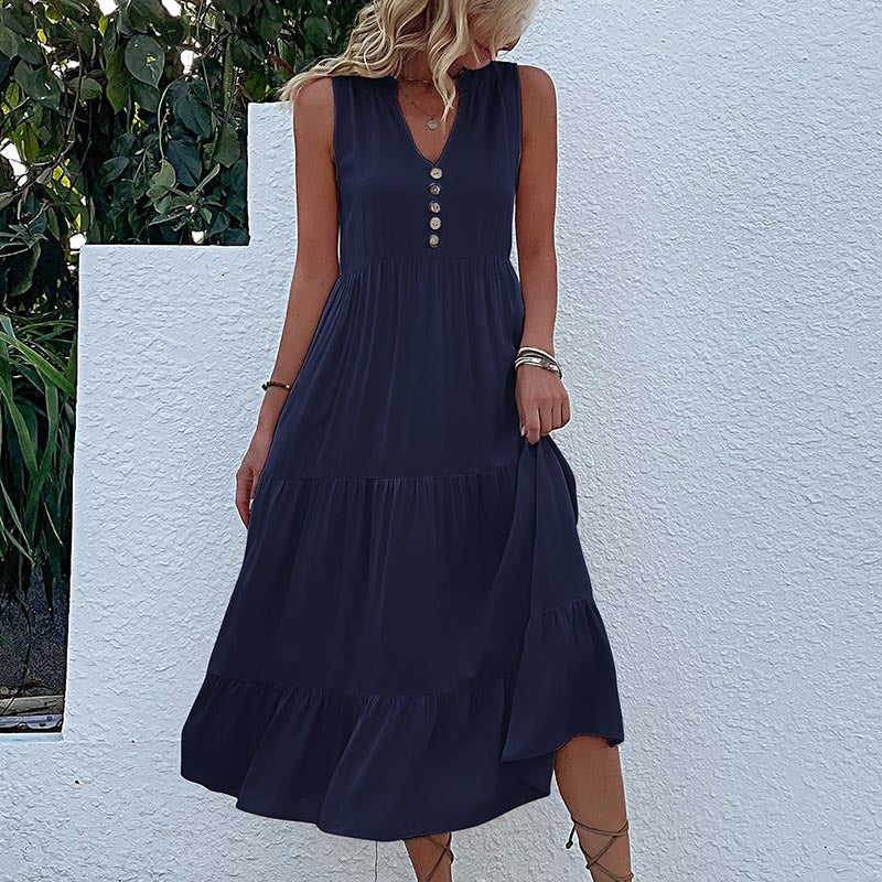 Cardydony Women's Sleeveless Tiered Midi Dress with Button Detail - Summer Must-Have