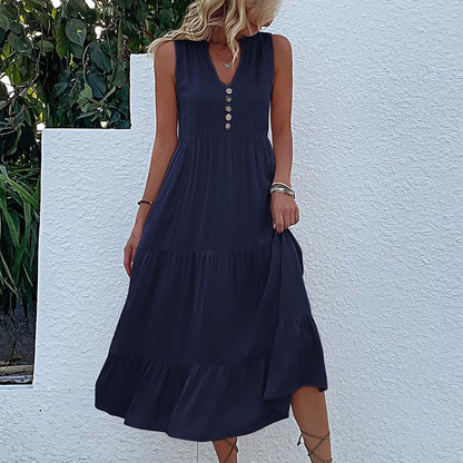 Cardydony Women's Sleeveless Tiered Midi Dress with Button Detail - Summer Must-Have