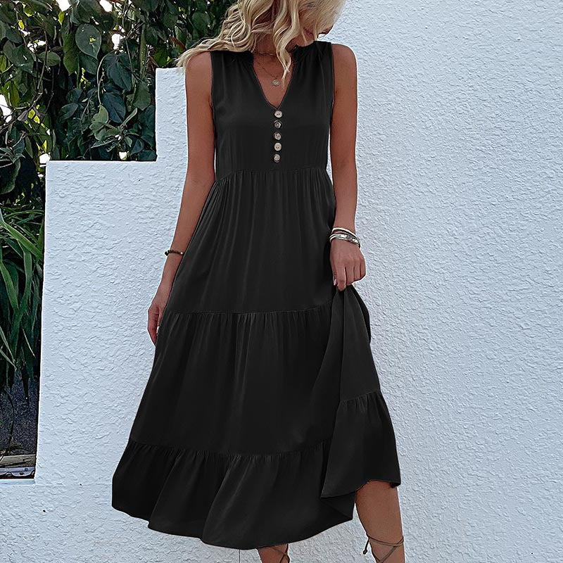Cardydony Women's Sleeveless Tiered Midi Dress with Button Detail - Summer Must-Have