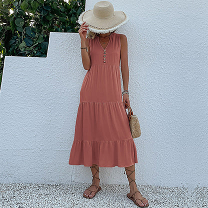 Cardydony Women's Sleeveless Tiered Midi Dress with Button Detail - Summer Must-Have