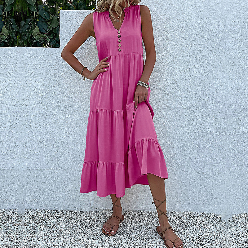 Cardydony Women's Sleeveless Tiered Midi Dress with Button Detail - Summer Must-Have