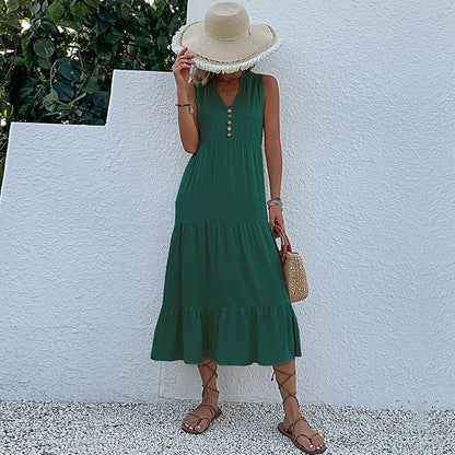 Cardydony Women's Sleeveless Tiered Midi Dress with Button Detail - Summer Must-Have