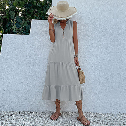 Cardydony Women's Sleeveless Tiered Midi Dress with Button Detail - Summer Must-Have