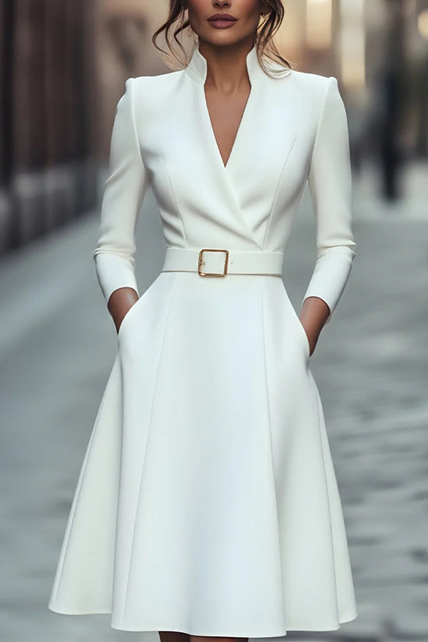 Cardydony Women's Solid Color V-neck Fitted Waist Long Sleeve Elegant Midi Dress