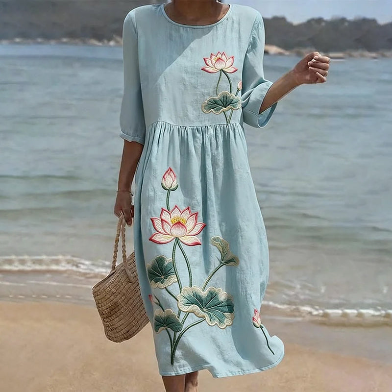 Cardydony Vintage Floral Lotus Art Pattern Linen Blend Loose Three-quarter Sleeve Dress