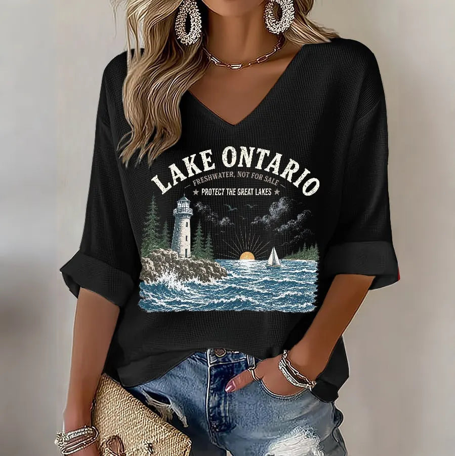 Cardydony Women's Lake Ontario Printed Casual T-shirt