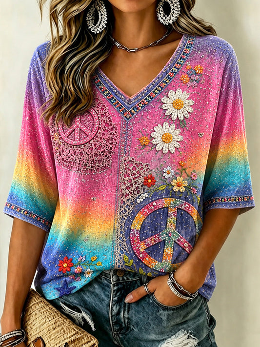 Cardydony Women's Vintage Hippie Floral Patchwork Art Linen Blend Three Quarter Sleeves T-shirt