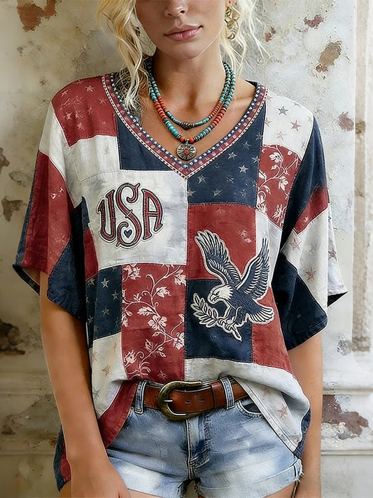 Cardydony Women's Vintage Independence Day Flag And Floral Patchwork Art Linen Blend Short Sleeve Tops
