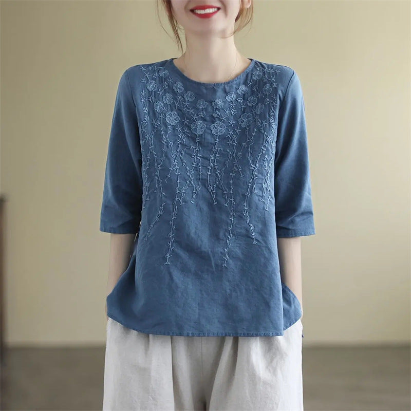 Cardydony Heavily Embroidered Floral Loose-fit Crewneck Top