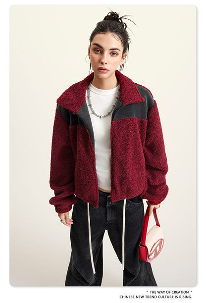 Cardydony Women's Cropped Fleece Jacket | Contrast Collar Winter Warm