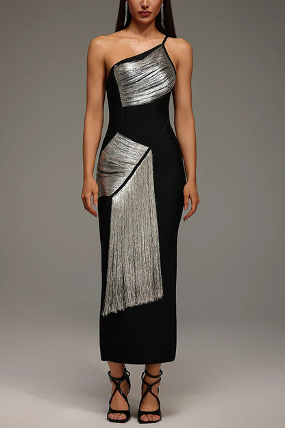 Cardydony Women's Roanna One Shoulder Sleeveless Glossy Tassels Bandage Maxi Dres