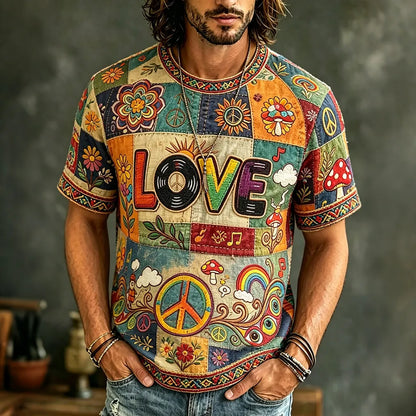 Cardydony Men's Casual Color Block Love Music Retro Hippie Crew Neck T-shirt