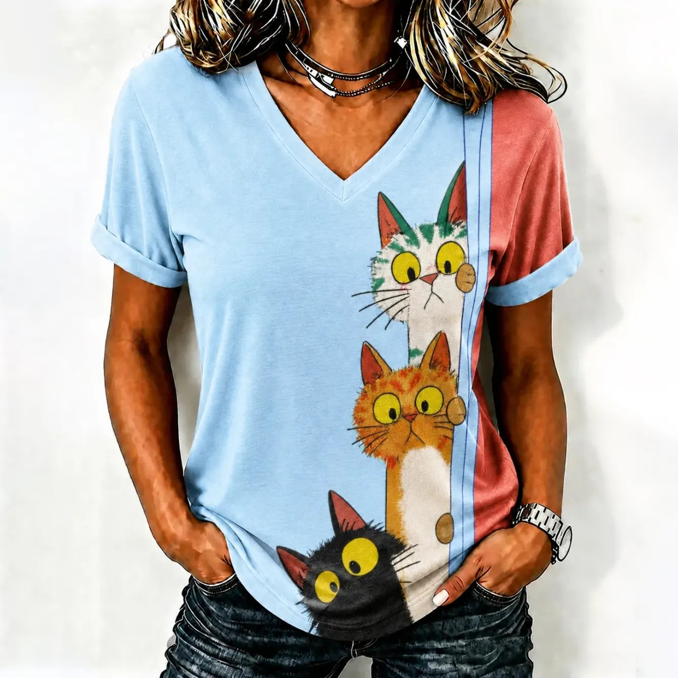 Cardydony Women's Cute Cat Printed Casual T-shirt