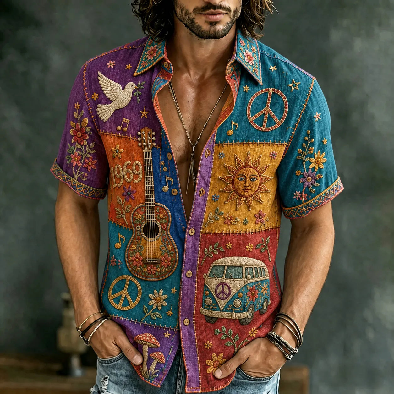Cardydony Men's Retro Hippie Peace Sign And Guitar Patchwork Print Short-sleeve Shirt