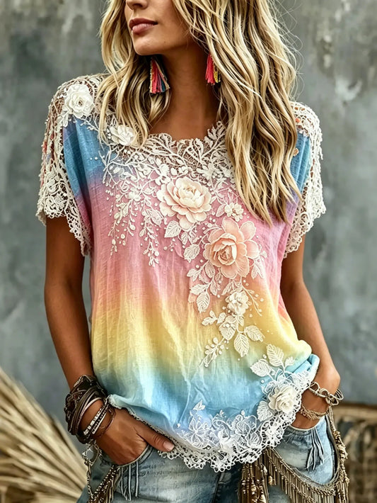 Cardydony Women's Vintage Flowers Color Gradient Art Flowy Linen Blend T-shirt