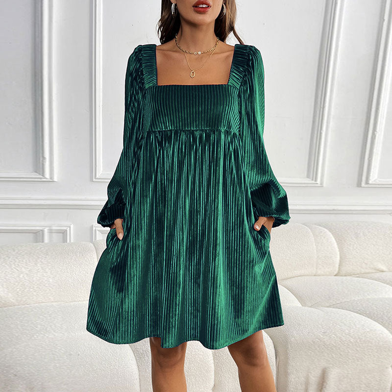 Cardydony Women's Textured A-Line Mini Dress with Square Neckline - Fall Chic
