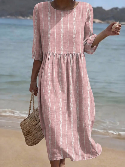 Cardydony Women's Simple Striped Art Print Casual Round Neck Dress