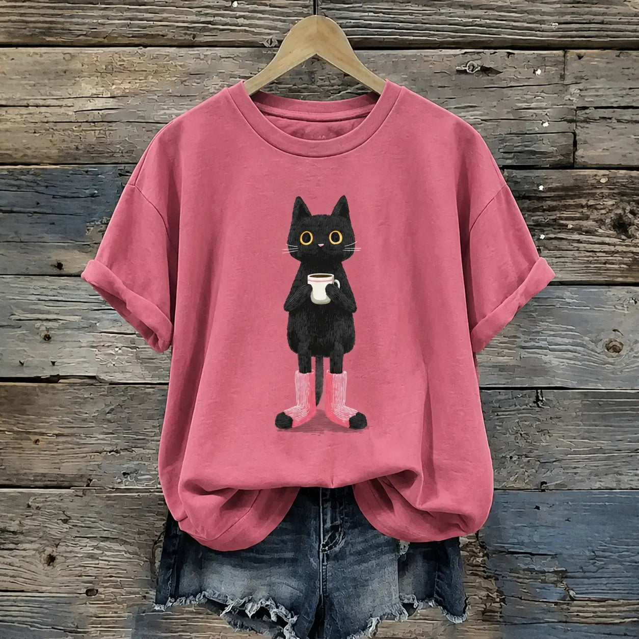 Cardydony Women's Vintage Black Cat Art Casual Short Sleeve T-shirt