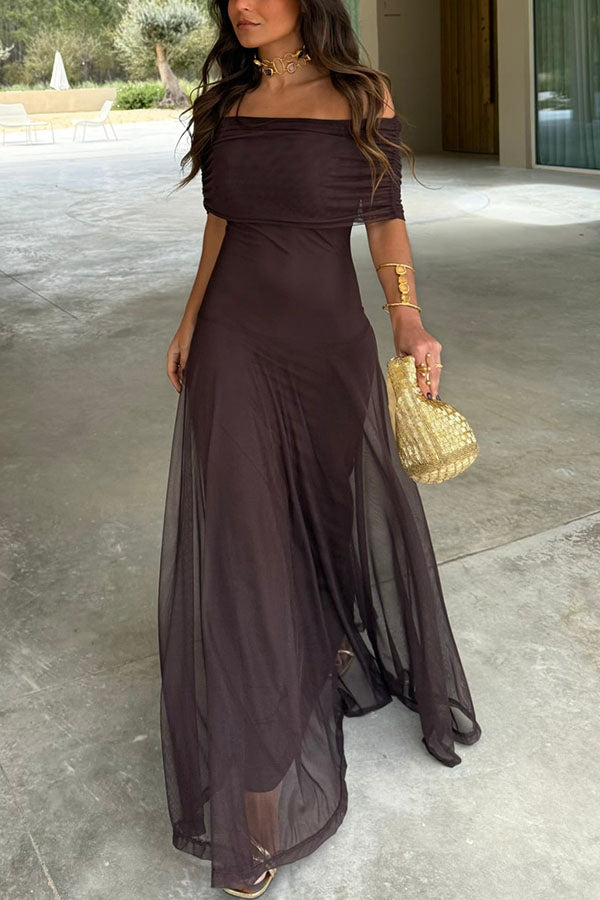 Cardydony Women's In My Arms Mesh Ruched Strapless Paneled Drape Flare Maxi Dress