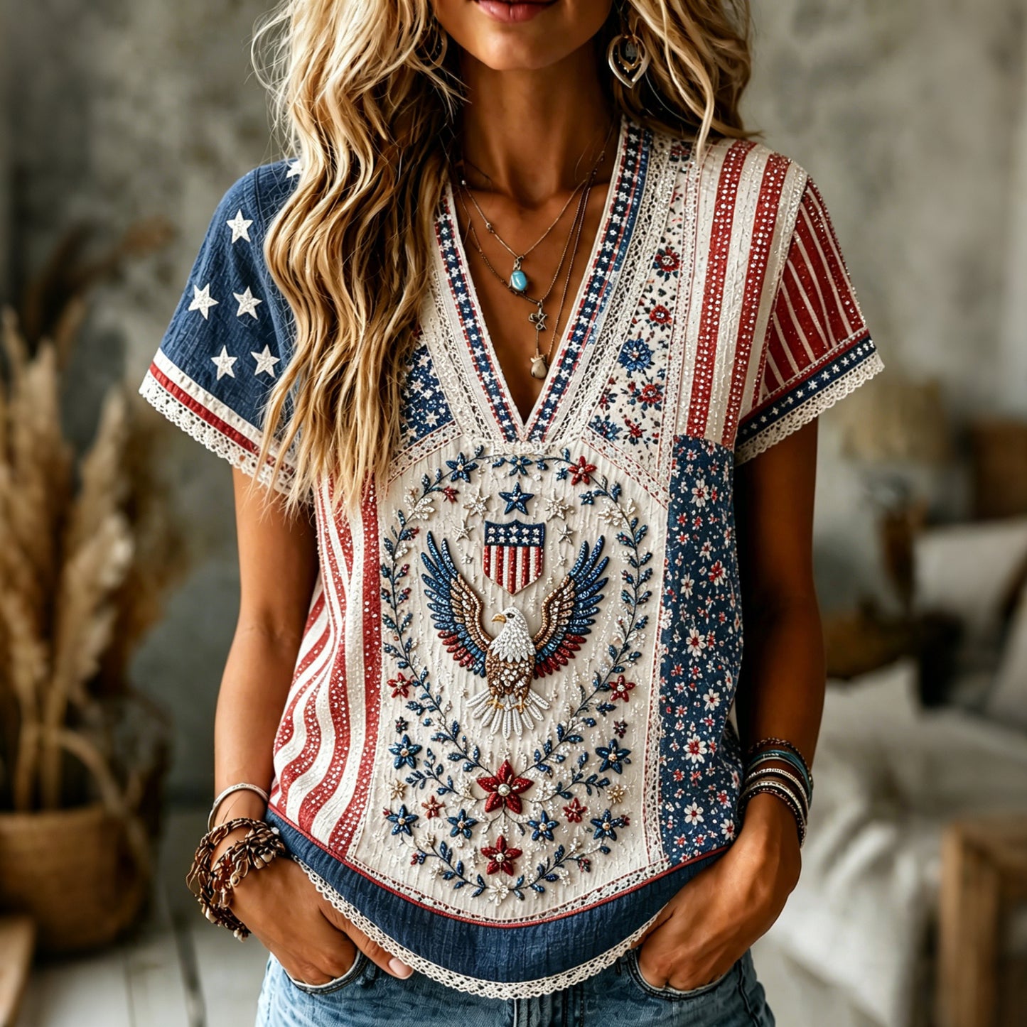 Cardydony Women's Retro Independence Day Flower Flag Art V Neck Linen Blend T-shirt