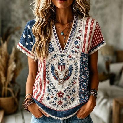 Cardydony Women's Retro Independence Day Flower Flag Art V Neck Linen Blend T-shirt