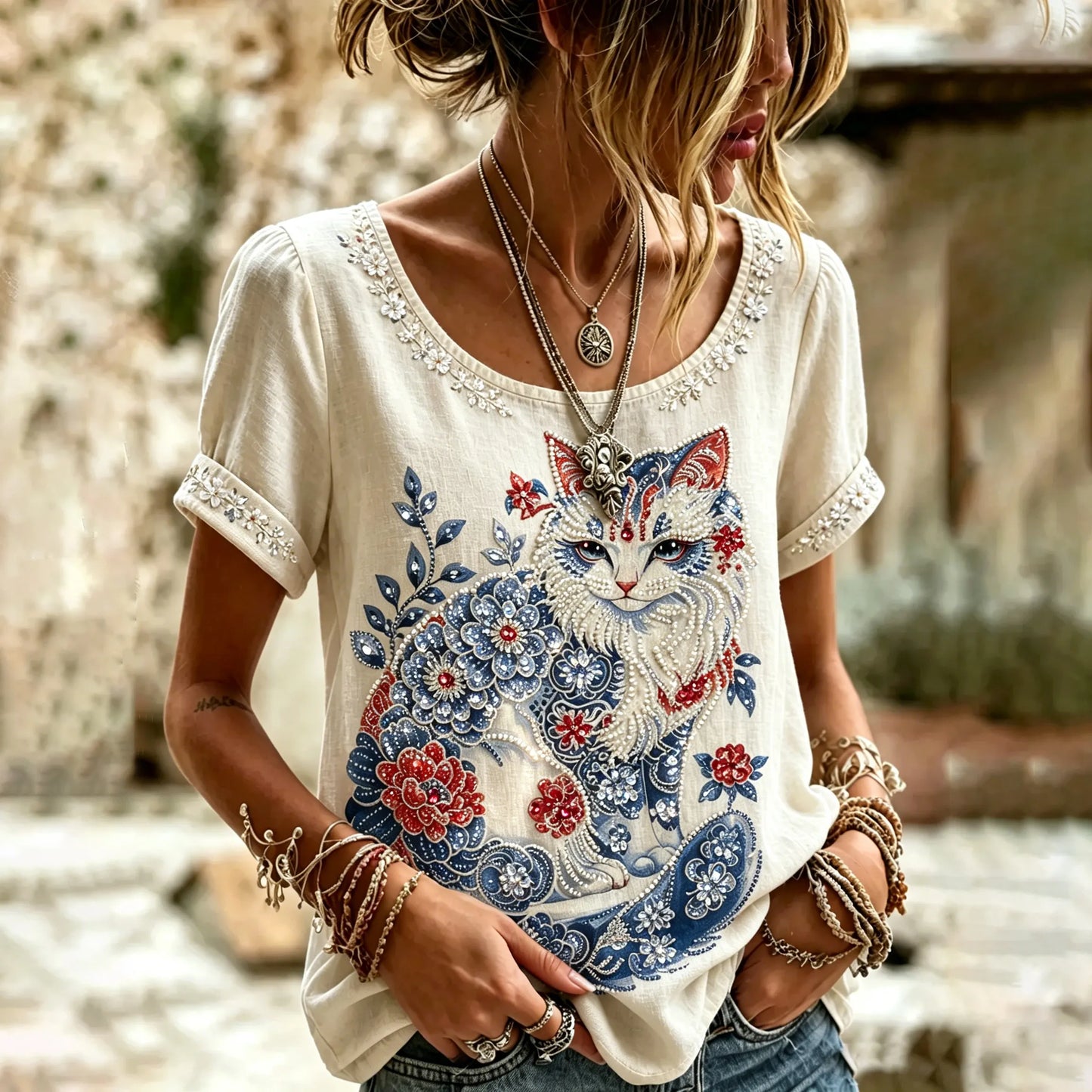 Cardydony Women's Cat Flower Art Printed T-shirt