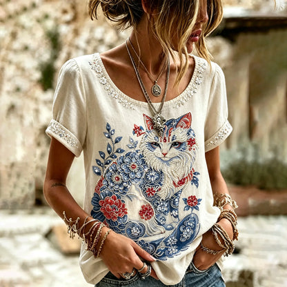 Cardydony Women's Cat Flower Art Printed T-shirt