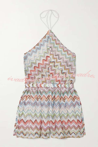 Cardydony Women's Juney Knit Colorful Zigzag Pattern Halter Neck Slit Wide Leg Loose Romper