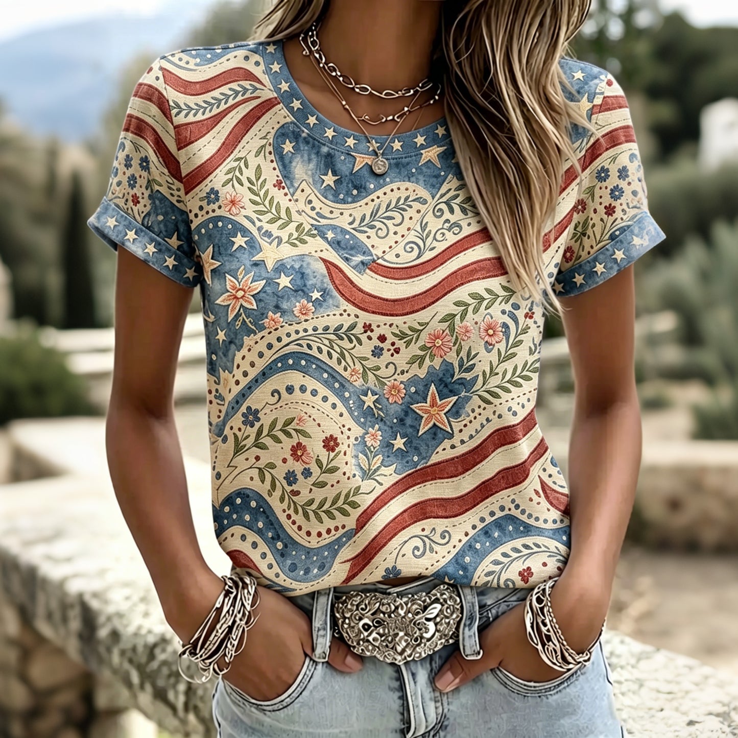 Cardydony Women's Independence Day Flag And Floral Print Crew Neck Short Sleeve T-shirt