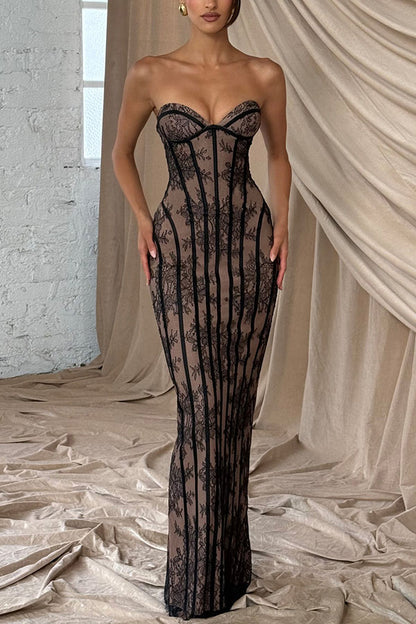 Cardydony Women's Sian Floral Lace Contrast Structural Detail Back Lace-up Strapless Slit Maxi Dress