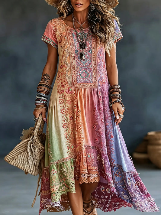Cardydony Women's Vintage Floral In Hippie Rainbow Art Print Flowy Linen Blend Linen Blend Maxi Dress
