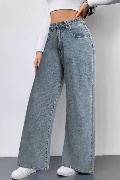 Cardydony Women's Fashionable Bow Embroidered Pocket Casual Loose Wide-leg Jeans