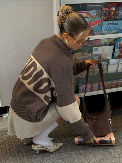 Cardydony Women's Retro Jacquard Letter Zip Up Sweater – Sporty Colorblock Knit Cardigan