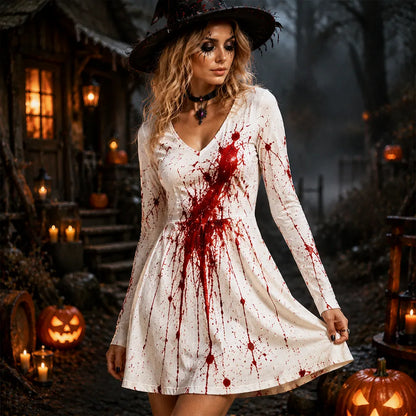 Cardydony Women's Halloween Long Sleeve V-neck Dress - Horror Blood Splatter And Scary Costume Mini Dress