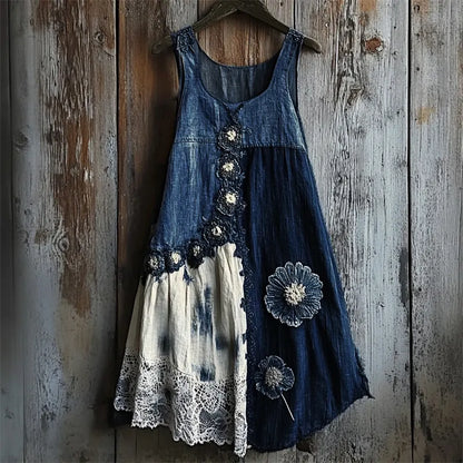 Cardydony Floral Denim Textile Lace Hem Patchwork Tank Dress