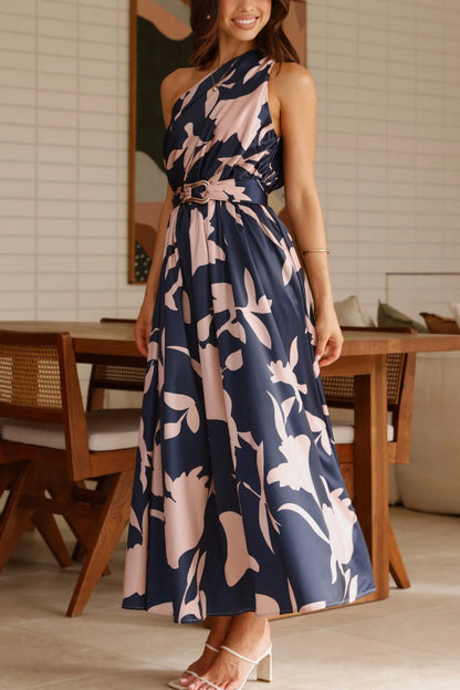 Cardydony Women's Unique Printed One-Shoulder Belt Casual Holiday Maxi Dress
