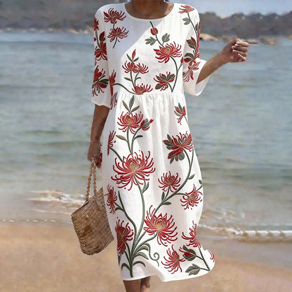 Cardydony Vintage Floral Art Pattern Linen Blend Loose Three-quarter Sleeve Dress