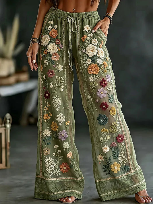 Cardydony Vintage Colorful Floral And Lace Art Cotton Linen Comfortable Pants