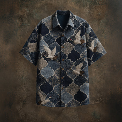 Cardydony Men's Retro Ethnic Japanese Art Flying Crane Cotton Linen Shirt