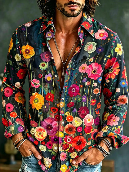 Cardydony Men's Vintage Hippie Floral Art Print Long Sleeves Linen Shirt