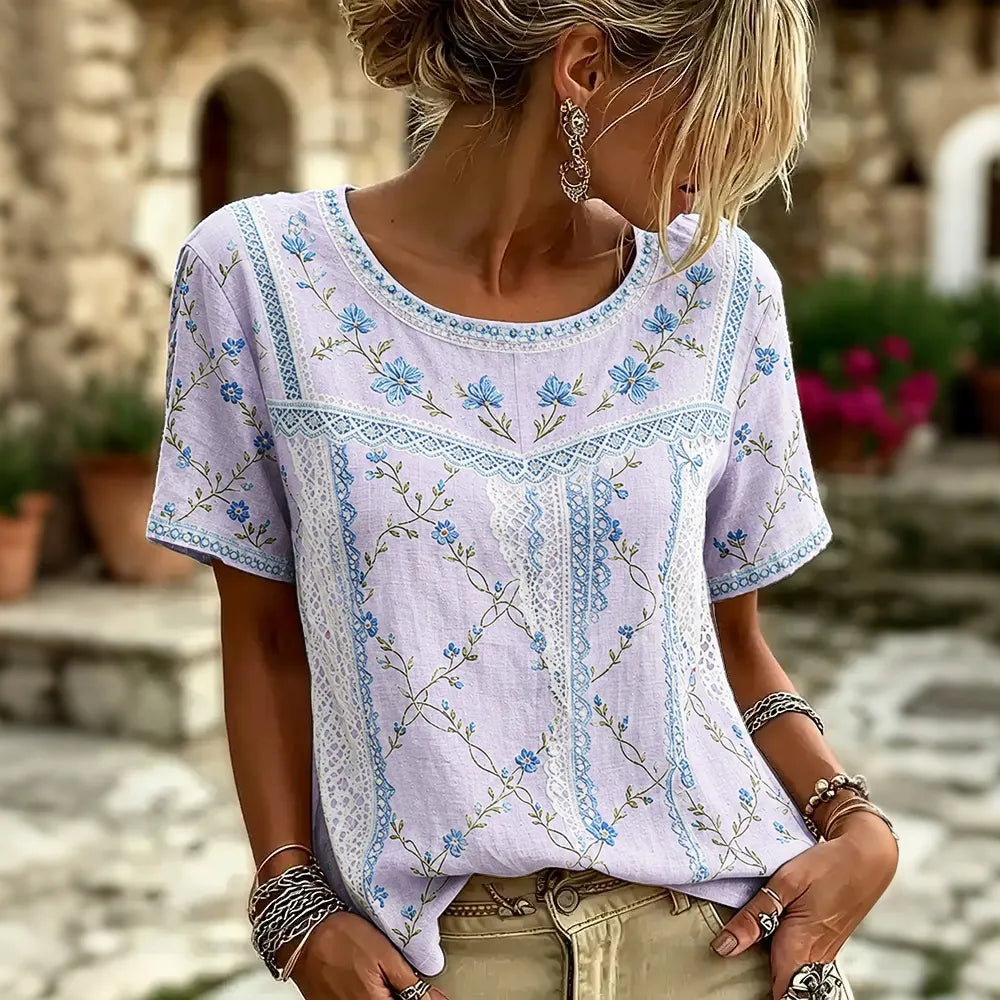 Cardydony Women's Retro Floral Patchwork Print Art Round Neck Linen Blend T-shirt