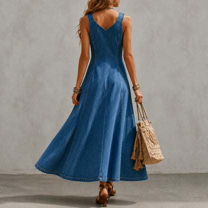 Cardydony Elegant V-neck Diagonal Button Denim Overalls Maxi Dress