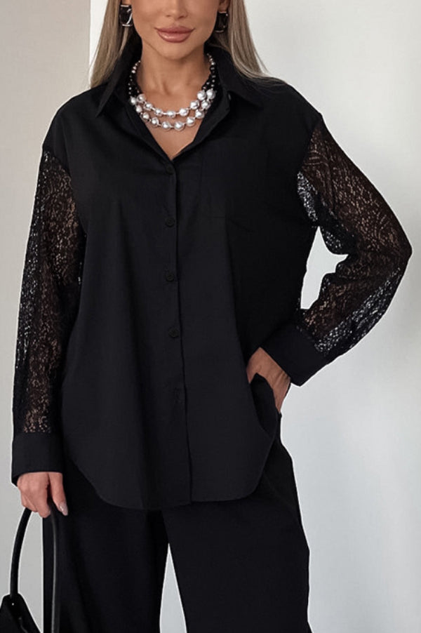Cardydony Women's  Fashionable Openwork Lace Patchwork Long-sleeved Loose Shirt